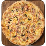 Carbonara Bacon Pizza Carbonara pizza with bacon and mushrooms