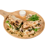Chicken Garlic and Pesto Panuozzo Chicken pesto panuozzo sandwich with salad and dip